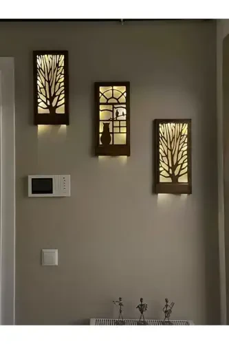 3 Lü Set Peri Ledli Masif Ahşap Tablo Ev Hediyesi Hol Antre Gece Lamba 36x18 Duvar Süsü Piller Hariç-KAHVERENGİ - 1