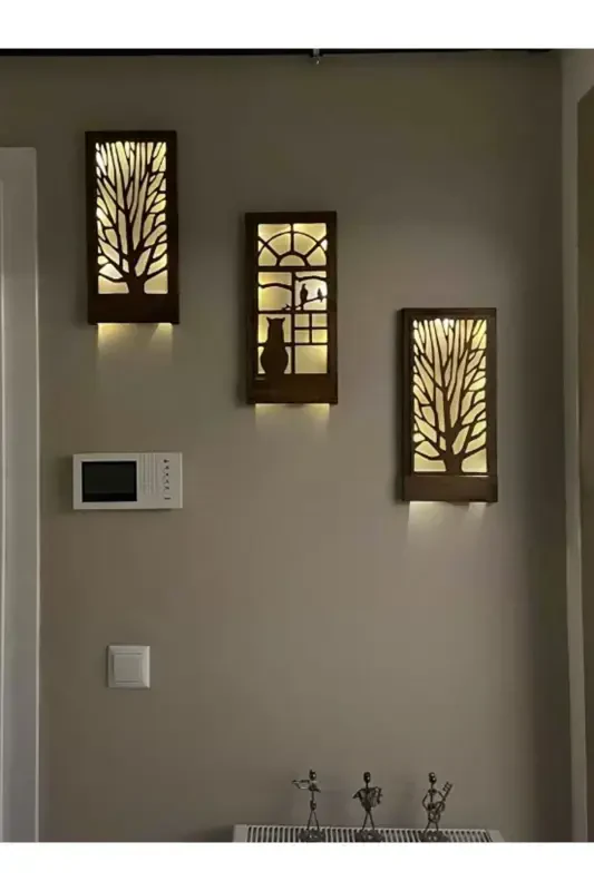 3 Lü Set Peri Ledli Masif Ahşap Tablo Ev Hediyesi Hol Antre Gece Lamba 36x18 Duvar Süsü Piller Hariç-KAHVERENGİ - 1