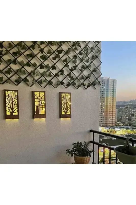 3 Lü Set Peri Ledli Masif Ahşap Tablo Ev Hediyesi Hol Antre Gece Lamba 36x18 Duvar Süsü Piller Hariç-KAHVERENGİ - 2