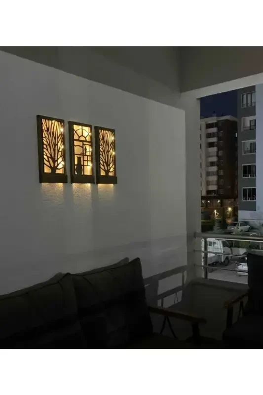 3 Lü Set Peri Ledli Masif Ahşap Tablo Ev Hediyesi Hol Antre Gece Lamba 36x18 Duvar Süsü Piller Hariç-KAHVERENGİ - 5