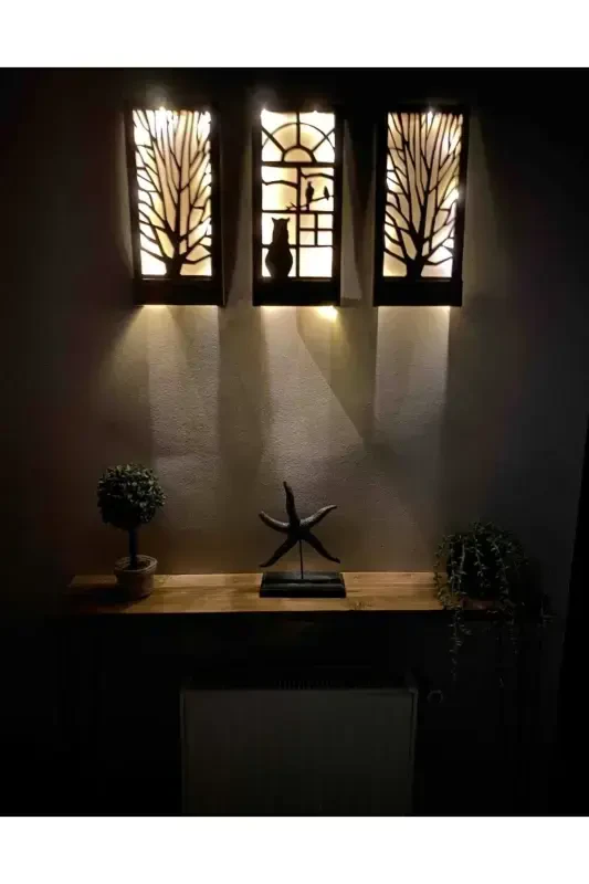 3 Lü Set Peri Ledli Masif Ahşap Tablo Ev Hediyesi Hol Antre Gece Lamba 36x18 Duvar Süsü Piller Hariç-KAHVERENGİ - 6