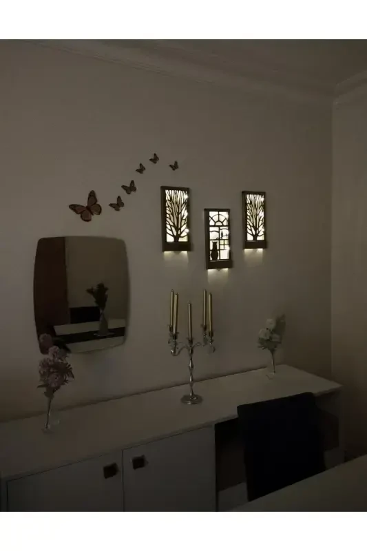 3 Lü Set Peri Ledli Masif Ahşap Tablo Ev Hediyesi Hol Antre Gece Lamba 36x18 Duvar Süsü Piller Hariç-KAHVERENGİ - 7