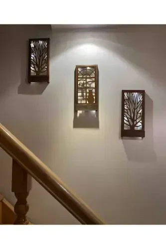 3 Lü Set Peri Ledli Masif Ahşap Tablo Ev Hediyesi Hol Antre Gece Lamba 36x18 Duvar Süsü Piller Hariç-KAHVERENGİ - 8