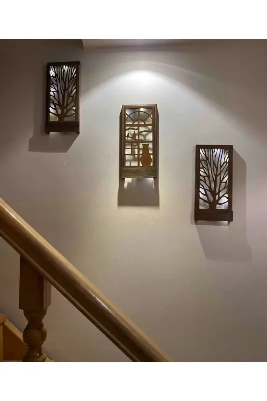 3 Lü Set Peri Ledli Masif Ahşap Tablo Ev Hediyesi Hol Antre Gece Lamba 36x18 Duvar Süsü Piller Hariç - KAHVERENGİ - 9