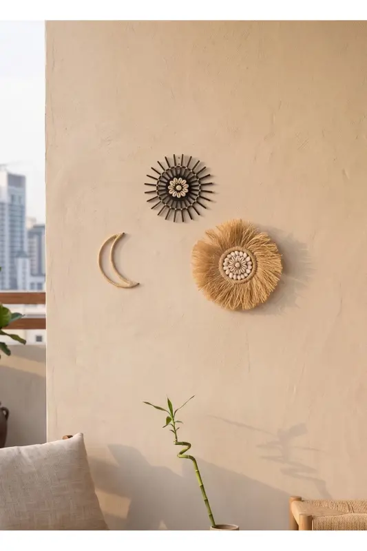 3'lü Set Rafya Deniz Kabuklu Model & Siyah Rattan Çubuk Deniz Kabuklu & Rafya Ay - Siyah - 2