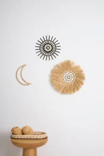 3'lü Set Rafya Deniz Kabuklu Model & Siyah Rattan Çubuk Deniz Kabuklu & Rafya Ay - Siyah - 3