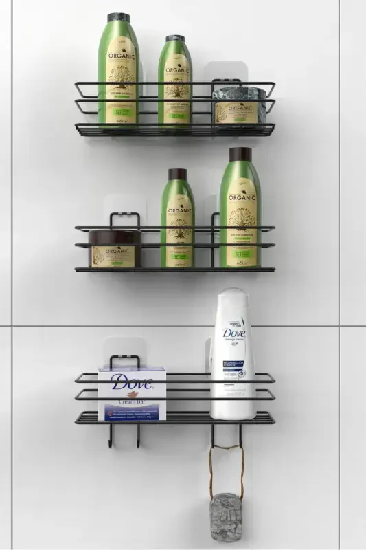 3'lü Set Yapışkanlı 4 Kancalı Paslanmaz Banyo Rafı Mat Siyah Banyo Şampuanlık Duşakabin Duş Askısı - 2