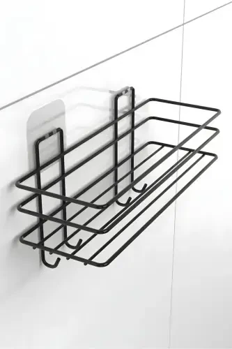 3'lü Set Yapışkanlı 4 Kancalı Paslanmaz Banyo Rafı Mat Siyah Banyo Şampuanlık Duşakabin Duş Askısı - 4