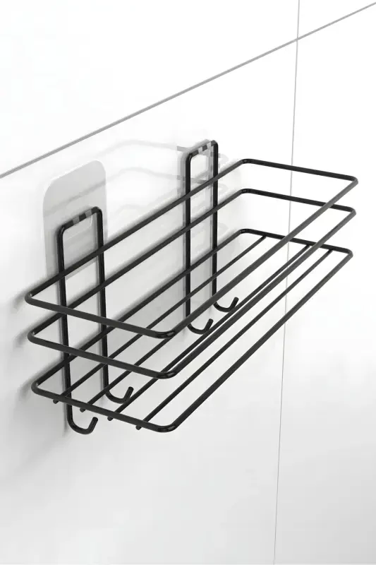 3'lü Set Yapışkanlı 4 Kancalı Paslanmaz Banyo Rafı Mat Siyah Banyo Şampuanlık Duşakabin Duş Askısı - 4