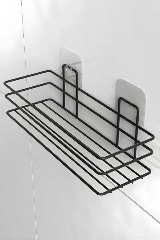 3'lü Set Yapışkanlı 4 Kancalı Paslanmaz Banyo Rafı Mat Siyah Banyo Şampuanlık Duşakabin Duş Askısı - 5