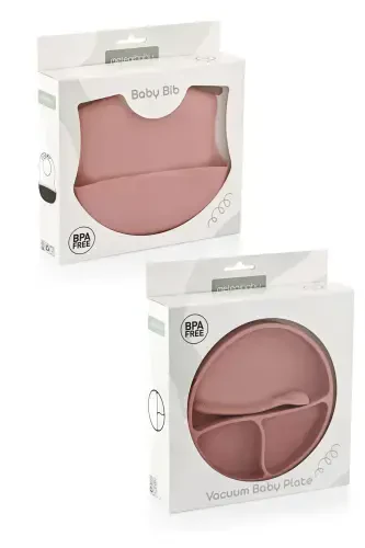 3'lü Silikon Beslenme Seti -silikon Mama Önlüğü, Vakumlu Tabak, Diş Kaşıyıcılı Kaşık Pembe - 2
