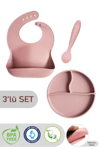 3'lü Silikon Beslenme Seti -silikon Mama Önlüğü, Vakumlu Tabak, Diş Kaşıyıcılı Kaşık Pembe - 3