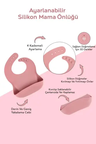 3'lü Silikon Beslenme Seti -silikon Mama Önlüğü, Vakumlu Tabak, Diş Kaşıyıcılı Kaşık Pembe - 5