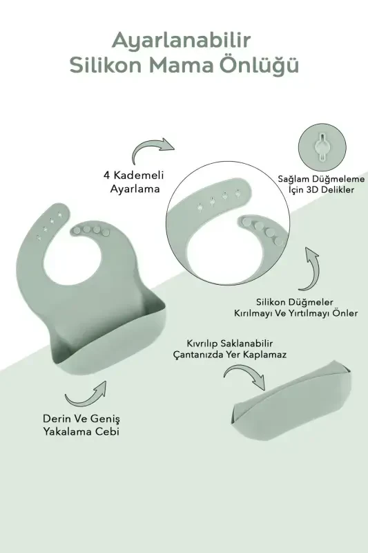 3'lü Silikon Beslenme Seti -silikon Mama Önlüğü, Vakumlu Tabak, Diş Kaşıyıcılı Kaşık Yeşil - 3
