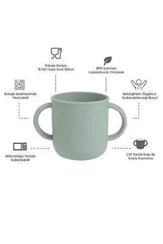 3'lü Silikon Beslenme Seti - Silikon Mama Önlüğü, Vakumlu Tabak, Kulplu Bardak - Yeşil - 3