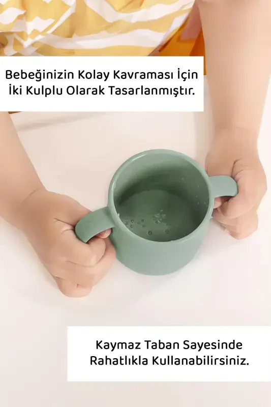 3'lü Silikon Beslenme Seti - Silikon Mama Önlüğü, Vakumlu Tabak, Kulplu Bardak - Yeşil - 6