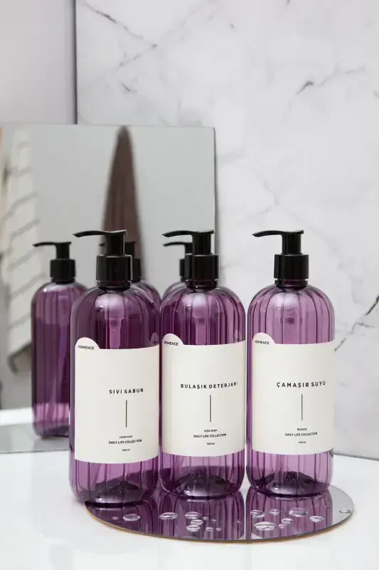 3'lü Sıvı Sabun Bulaşık Deterjanı Çamaşır Suyu Etiketli Plastik Şişe Mutfak Seti Mor Sabunluk 500ml-MOR - 1