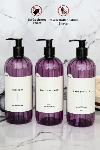 3'lü Sıvı Sabun Bulaşık Deterjanı Çamaşır Suyu Etiketli Plastik Şişe Mutfak Seti Mor Sabunluk 500ml-MOR - 7