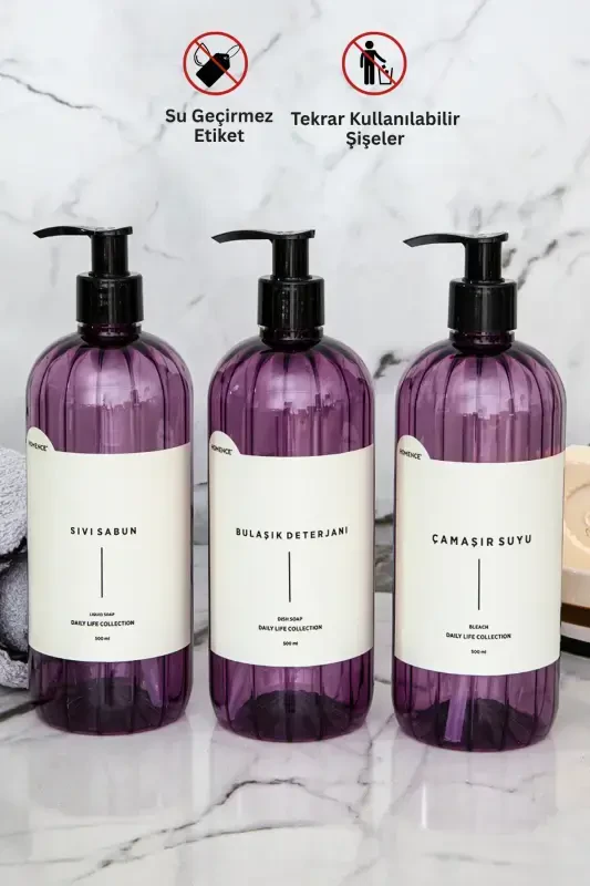 3'lü Sıvı Sabun Bulaşık Deterjanı Çamaşır Suyu Etiketli Plastik Şişe Mutfak Seti Mor Sabunluk 500ml-MOR - 7
