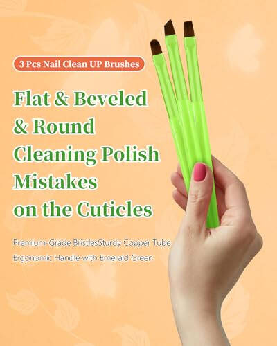 3PCS Nail Polish Clean Up Brush, Round&Falt&Angled Acetone Resistant Nail Brush for OPI Nail Polish Remover, Fingernail Cleaning Brushes at Home Nail Art and Designs(Bright Green) - 2