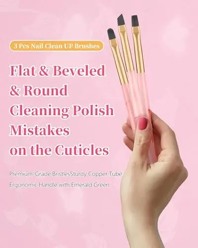 3PCS Nail Polish Clean Up Brush, Round&Falt&Angled Acetone Resistant Nail Brush for OPI Nail Polish Remover, Fingernail Cleaning Brushes at Home Nail Art and Designs(Emerald Pink) - 2