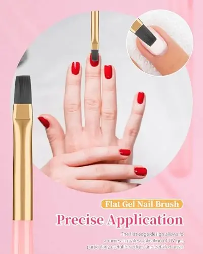 3PCS Nail Polish Clean Up Brush, Round&Falt&Angled Acetone Resistant Nail Brush for OPI Nail Polish Remover, Fingernail Cleaning Brushes at Home Nail Art and Designs(Emerald Pink) - 3