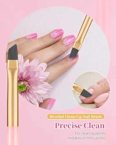 3PCS Nail Polish Clean Up Brush, Round&Falt&Angled Acetone Resistant Nail Brush for OPI Nail Polish Remover, Fingernail Cleaning Brushes at Home Nail Art and Designs(Emerald Pink) - 5