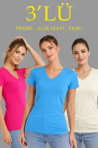 3lü V Yaka Tişört – Kısa Kollu Yazlık Slim Fit Body - Pembe, Açık Mavi, Ekru - 1