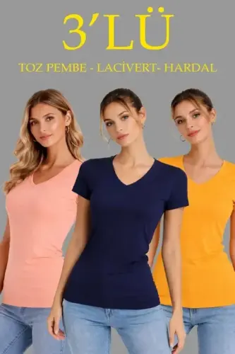3lü V Yaka Tişört – Kısa Kollu Yazlık Slim Fit Body - Toz Pembe, Lacivert, Hardal - 1