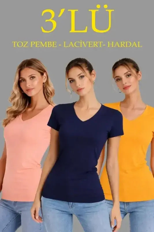3lü V Yaka Tişört – Kısa Kollu Yazlık Slim Fit Body - Toz Pembe, Lacivert, Hardal - 1