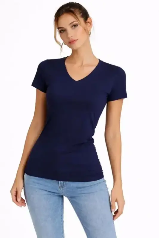 3lü V Yaka Tişört – Kısa Kollu Yazlık Slim Fit Body - Toz Pembe, Lacivert, Hardal - 3