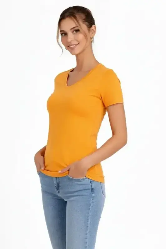 3lü V Yaka Tişört – Kısa Kollu Yazlık Slim Fit Body - Toz Pembe, Lacivert, Hardal - 4
