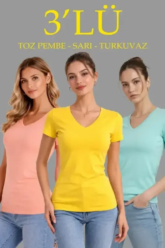 3lü V Yaka Tişört – Kısa Kollu Yazlık Slim Fit Body - Toz Pembe, Sarı, Turkuvaz - BÜYÜKBEDENIZ