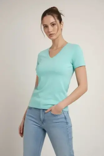 3lü V Yaka Tişört – Kısa Kollu Yazlık Slim Fit Body - Toz Pembe, Sarı, Turkuvaz - 3