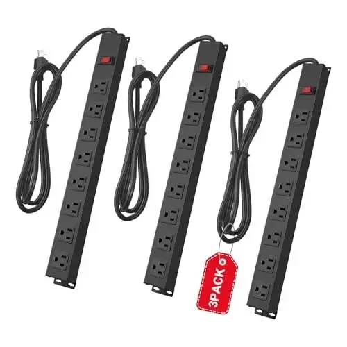 3Pack Metal 8 Outlet Mountable Power Strip, Wall Mount Outlet Heavy Duty, Wide Spaced Commercial Shop Power Strip with Switch, 6 FT Power Cord. 