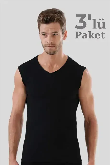 3Pcs Black Sleeveless Men's Athlete V Neck Tank Top 100% Cotton - 2