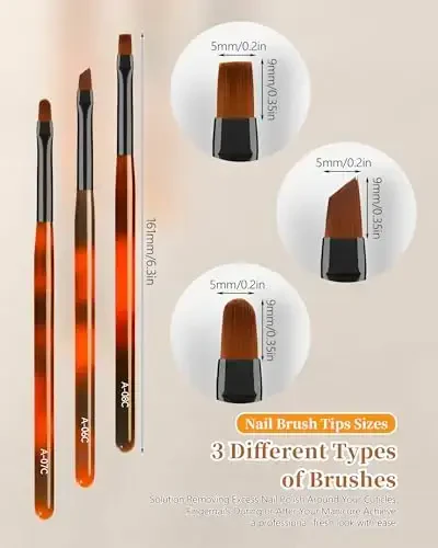 3PCS кисти для очистки ногтей, круглая/скошенная/плоская, устойчивая к ацетону кисть для удаления гель-лака, кисти для ногтей для исправления ошибок при нанесении лака на кутикулу и дизайна ногтей (оранжево-черные) - 3
