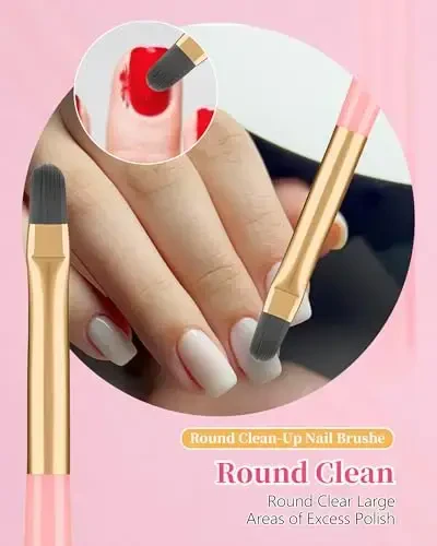 3PCS Nail Polish Clean Up Brush, Round&Falt&Angled Acetone Resistant Nail Brush for OPI Nail Polish Remover, Fingernail Cleaning Brushes at Home Nail Art and Designs(Emerald Pink) - 4