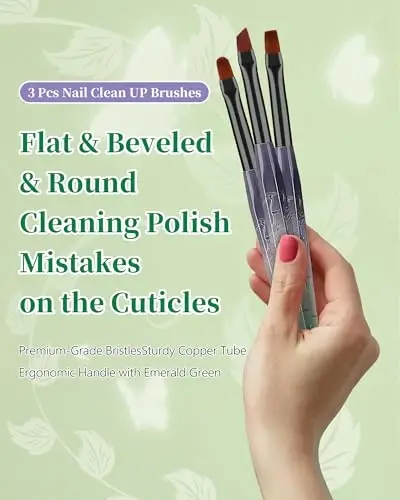 3PCS Nail Polish Clean Up Brush, Round&Falt&Angled Acetone Resistant Nail Brush for OPI Nail Polish Remover, Fingernail Cleaning Brushes at Home Nail Art and Designs(Gilded Green) - 2