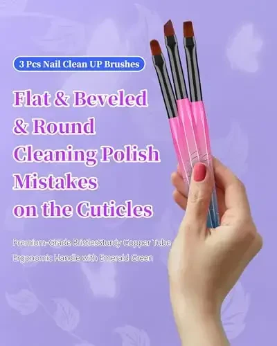 3PCS Nail Polish Clean Up Brush, Round&Falt&Angled Acetone Resistant Nail Brush for OPI Nail Polish Remover, Fingernail Cleaning Brushes at Home Nail Art and Designs(Gilded Pink Blue) - 2