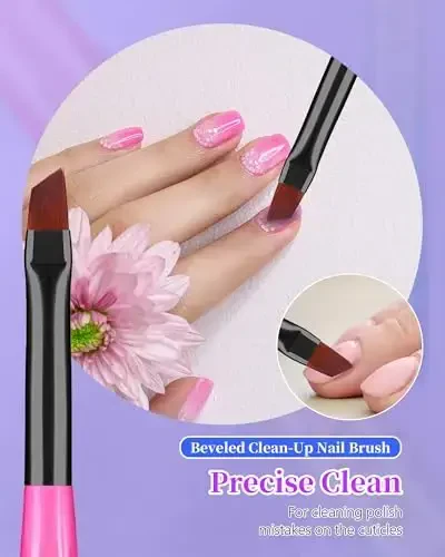 3PCS Nail Polish Clean Up Brush, Round&Falt&Angled Acetone Resistant Nail Brush for OPI Nail Polish Remover, Fingernail Cleaning Brushes at Home Nail Art and Designs(Gilded Pink Blue) - 5