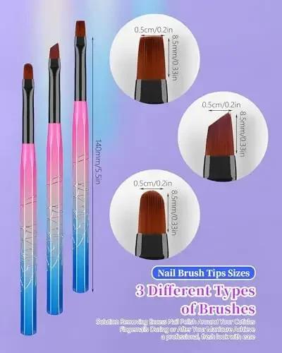 3PCS Nail Polish Clean Up Brush, Round&Falt&Angled Acetone Resistant Nail Brush for OPI Nail Polish Remover, Fingernail Cleaning Brushes at Home Nail Art and Designs(Gilded Pink Blue) - 6