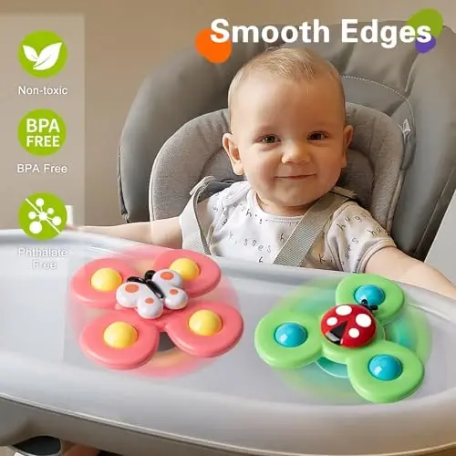 3PCS Suction Cup Spinner Toys for 1 2 Year Old Boys Spinning Toys 12-18 Months Sensory Toys for Toddlers 1-3 First Birthday Baby Gifts for Girls - 3