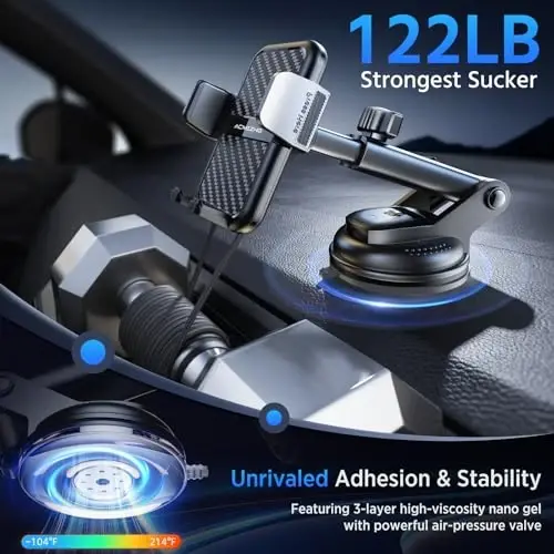 ACMEZING 3-in-1 Car Phone Holder [122+LBS Strongest Suction & Stable Clamp Arm] 360° Adjustable Mount, Cell Phone Holders for Your All Car Models for Dashboard Vent, All Smartphones, Black - 1