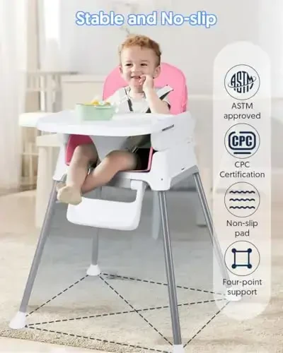 3-in-1 Baby High Chair, Adjustable Convertible Infant Baby Feeding Chair Booster for Eating with Detachable Tray, 5-Point Harness, Pink - 3