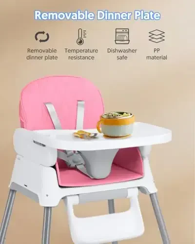 3-in-1 Baby High Chair, Adjustable Convertible Infant Baby Feeding Chair Booster for Eating with Detachable Tray, 5-Point Harness, Pink - 5