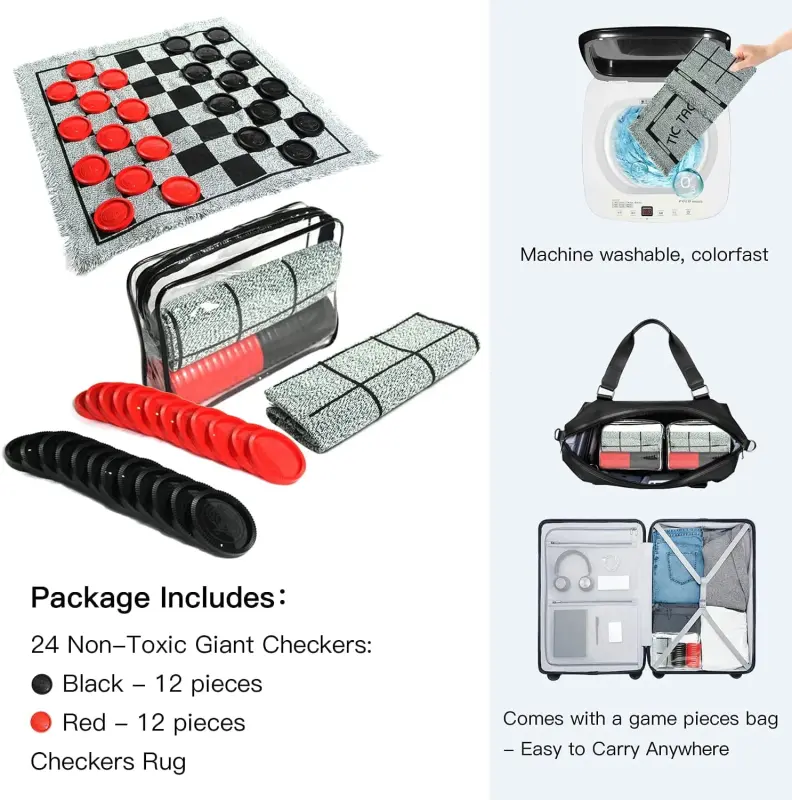 3 in 1 Giant Checkers & Mega Tic Tac Toe with Reversible Mat – Jumbo Classic Board Games for Family Fun, Indoor/Outdoor Activity - AIDFULL