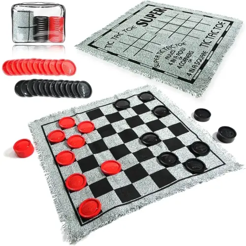 3 in 1 Giant Checkers & Mega Tic Tac Toe with Reversible Mat – Jumbo Classic Board Games for Family Fun, Indoor/Outdoor Activity - 6