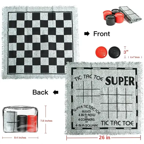 3 in 1 Giant Checkers & Mega Tic Tac Toe with Reversible Mat – Jumbo Classic Board Games for Family Fun, Indoor/Outdoor Activity - 7