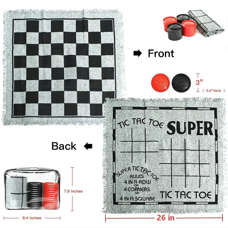 3 in 1 Giant Checkers & Mega Tic Tac Toe with Reversible Mat – Jumbo Classic Board Games for Family Fun, Indoor/Outdoor Activity - 7